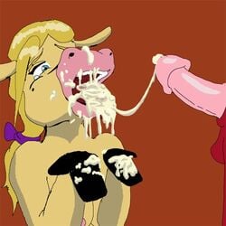 1girls abby_(back_at_the_barnyard) anthro back_at_the_barnyard big_penis blonde_hair blue_eyes bovid bovid_humanoid bovine bovine_humanoid cattle cum cum_in_mouth cum_on_tongue cum_string erection facial female fur hair knives_(artist) male mammal oral penis ribbons solo_focus straight tears tears_of_pleasure unseen_male_face