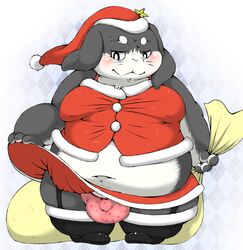 1boy 2016 anthro belly big_belly black_eyes blush bulge chubby_cheeks clothed clothing costume digital_media_(artwork) fat fat_man fur girly grey_fur hamatnk lagomorph looking_down male male_only mammal moobs navel obese obese_male overweight overweight_male panties rabbit santa_costume solo standing underwear white_fur