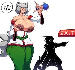 big_breasts bottle bring_your_own_class closed_eyes commission commissioner_upload doom drunk exit_sign flashing flashing_breasts fox_ears fox_girl gun hcyclops66 health_bonus_(doom) huge_breasts kimono kitsune kyuteru_(lother) multiple_tails pointing postal_(series) postal_dude pulling_down_top pulling_top_down silhouette singing sunglasses sweatdrop