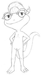 anthro chameleon dreamworks female flat_chested lizard lizzie lizzie_green looking_at_viewer monochrome nude pussy reptile rough_sketch scalie smile solo standing unknown_artist young