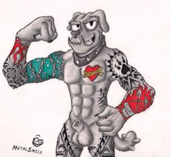 1boy 2016 abs animal_genitalia anthro athletic balls biceps canine chains chest_tuft claws cock_sheath collar diamond_dog_(mlp) fido_(mlp) friendship_is_magic front_view fur grin hi_res looking_at_viewer male male_only mammal metalsmile muscular my_little_pony nude paws pecs pinup pose sheath simple_background smile smirk solo standing straight_hair suggestive tattoo teeth traditional_media_(artwork) tribal tuft white_background