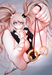 @_@ afterimage artist_name bare_legs barefoot big_hair big_toes_rise black_panties character_hair_ornament collared_shirt commentary commission danganronpa danganronpa_(series) egyptian_toe english_commentary enoshima_junko eyelashes feet feetnosis female foot_fetish foot_focus foreshortening full_body grey_background grey_eyes hair_ornament highres holding holding_pendulum holding_string holding_with_feet hypnotizing_viewer junko_enoshima long_hair looking_at_viewer mixed-language_commentary monokuma motion_lines panties pendulum pinched_toes pink_hair pointed_feet puffypinkpaws red_nails red_skirt school_uniform shadow shirt simple_background sitting skirt smile soles solo string toe_scrunch toenails toes twintails underwear v-shaped_eyebrows very_long_hair