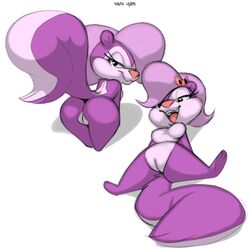 ass bedroom_eyes bow breasts female fifi_la_fume fur furry furry_only half-closed_eyes high-angle_view looking_back mammal multiple_scenes nude open_mouth purple_fur pussy raised_tail seductive simple_background sketch skunk smile solo spread_legs spreading tail thick_thighs tiny_toon_adventures tongue warner_brothers xylas