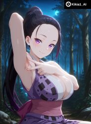 ai_generated arm_up armpit armpit_fetish black_hair breasts cleavage female from_side hand_behind_head hinatsuru_(kimetsu_no_yaiba) kikia1 kimetsu_no_yaiba kunoichi large_breasts looking_at_viewer ninja ponytail presenting_armpit skinny spread_armpit standing thighhighs upper_body