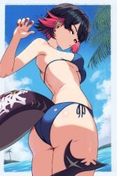 absurdres ass back bikini black_hair blue_bikini blue_sky border breasts cloud commentary day ear_piercing ellen_joe english_commentary female fins fish_tail hand_up highres junmin looking_at_viewer medium_breasts multicolored_hair ocean outdoors piercing pink_hair red_eyes red_nails shark_girl shark_tail short_hair side-tie_bikini_bottom sky solo swimsuit tail two-tone_hair white_border zenless_zone_zero