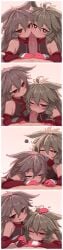 2boys 4koma :p absurdres ahoge animal_ears archived_source bare_shoulders bisexual_male blush comic cooperative_fellatio deepthroat drawfag elbow_gloves erection fellatio female gloves grey_hair group_sex hair_between_eyes hand_on_another's_head headpat highres long_hair male mmf_threesome multi_ear multiple_boys multiple_males nise-rabi oral penis pov rabbit_ears rabi_alnea red_eyes red_gloves ringed_eyes sequel_(series) sequel_blight sexual_coaching shirt silent_comic simple_background sleeveless sleeveless_shirt squiggle tall_image teamwork_(sexual) threesome tongue tongue_out trap uncensored