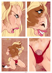 animal_genitalia animal_penis barraqda blonde_hair bra breasts bulge clothing equine equine_penis female hair hooves horsecock human intersex kneeling mammal nipples open_mouth panties penis solo thong topless transformation underwear