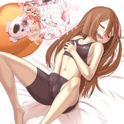 barefoot bike_shorts blush breasts brown_hair cameltoe censored clitoral_stimulation closed_eyes clothed_masturbation clothing covered_nipples erect_nipples erect_nipples_under_clothes female guilty_gear hand_in_shorts hat hat_removed headwear_removed imagining johnny_(guilty_gear) long_hair lying mashou_boy masturbation may_(guilty_gear) midriff mosaic_censoring navel on_back on_bed rubbing_clitoris rubbing_pussy self_fondle sideboob smile solo sports_bra sweat tight_clothing wet_clothes