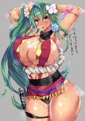 armpits arms_up black_panties blush breasts brown_eyes cleavage dark-skinned_female dark_skin female green_hair grey_background highres huge_breasts long_hair navel panties poko_chin side_ponytail simple_background solo text thick_thighs thighs translation_request underwear very_long_hair