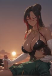 1boy age_difference ai_generated backlighting balls bare_shoulders black_dress black_hair blush bottomless breasts breasts_on_head brown_hair cleavage closed_mouth dark-skinned_female dark_skin dress elbow_gloves erection evening female gloved_handjob gloves gradient_hair gradient_sky green_eyes green_jacket hair_between_eyes hair_bun handjob hood jacket jewelry kono_subarashii_sekai_ni_shukufuku_wo! large_breasts looking_at_another looking_down lying male multicolored_hair necklace nursing_handjob on_back orange_sky outdoors penis precum purple_eyes red_hair satou_kazumalong_hair short_hair sidelocks single_hair_bun sky smile straight sun sunset sweat sylvia_(konosuba) testicles two-tone_hair twoderrick uncensored white_gloves