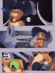 4_fingers anthro aroused belly_lick black_claws black_cloak black_clothing black_nose black_sclera blush bodily_fluids boots canid canine canis cape carrying_another carrying_partner claws cloak clothing comic covering covering_face death_(puss_in_boots) dialogue digital_media_(artwork) domestic_cat dreamworks dreamworks_animation duo facial_markings felid feline felis fingers flustered footwear fur fuzzy glistening glistening_weapon grabbed green_eyes grey_background grey_body grey_fur grin gulp_(sound_effect) half-closed_eyes hand_held handheld hat head_markings headgear headwear holding_another holding_character holding_object holding_partner holding_weapon imminent_sex kukumomo licking licking_body licking_stomach looking_at_another looking_at_partner looking_down male male/male male_only mammal markings mask_(marking) melee_weapon multicolored_body multicolored_fur multiple_images multiple_poses narrowed_eyes nervous nervous_sweat open_mouth orange_body orange_fur pixelated poncho pose puss puss_in_boots:_the_last_wish puss_in_boots_(dreamworks) puss_in_boots_(film) puss_in_boots_(franchise) puss_in_boots_the_last_wish rapier red_eyes saliva scared sharp_teeth shocked shoes shrek_(series) sickle simple_background size_difference smile spanish_text speech_bubble standing swallowing sweat sword tail teeth text tongue tongue_out translated two_tone_body two_tone_fur universal_pictures universal_studios weapon whiskers wide_eyed wolf