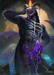 1boy 1monster 2_horns 2_penises a_soul_to_protect_(book) abs big_tail black_scales black_skin black_tail bone bones cave commission_art commissioned completely_naked completely_nude creature cum cum_on_body cumdrip diphallia diphallism duskwalker duskwalker_brides fiery_eyes fins fire_eyes flame_eyes forked_tongue glowing_eyes hand_on_face hand_on_head hand_on_own_face holding_horn holding_own_penis holding_penis holding_penises horn horned horned_male horns in_cave iridescent iridescent_scales long_tail looking_at_viewer male male_monster mignon_arts monster monster_boy monster_cock nathair_(duskwalker_brides) not_ai_generated novel_character novel_illustration opal_reyne_(writer) open_mouth partially_submerged penis penis_tentacles presenting presenting_penis purple_eyes purple_penis purple_tongue rainbow_scales ribcage saliva saliva_drip saliva_trail scales skeleton_(marking) skeleton_markings skull skull_head snake_tail snake_tongue solo solo_focus solo_male soul stalactite tail tentacle tentacles toned toned_body toned_male tongue tongue_out two_cocks unusual_anatomy unusual_genitalia unusual_penis very_long_tail water_drop wet wet_body zakuga_mignon zinyx_art