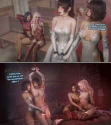 2koma 3d 4girls angry arms_above_head arms_behind_back bare_shoulders before_and_after black_hair black_lipstick blush bondage bondage_gear bound bound_arms bound_wrists breasts bride captured cleavage collar comic crossed_legs cuckquean cuff_(restraint) cuffs defeated dialogue dominant dominant_female domination dress exposed_breasts exposed_nipples female female_only femdom femsub fetish forced forced_orgasm forced_wedding gag gagging garter_belt garter_straps gloves groping groping_breasts instant_loss_2koma kneeling legs lesbian_couple lesbian_domination lezdom lingerie mercierharrogate moaning original original_character original_characters petite pink_hair restrained restrained_arms restraints see-through_clothing self_upload sexy small_breasts stockings submissive submissive_female sweat tape_gag thighs thin_waist tied tied_arms tied_up tight_clothing toy twins vibrator wedding_dress wedding_lingerie wrist_cuffs yuri