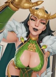 1girls 3d ai_generated arm_up armpits black_hair black_lipstick breasts cape cleavage cleavage_cutout clothing_cutout dress fake_horns female female_focus female_only fur_trim green_eyes headwear lady_loki lady_loki_(marvel_rivals) large_breasts leaning_forward lips loki_(marvel) long_hair makeup marvel marvel_comics marvel_rivals pelvic_curtain smile solo unholybebra