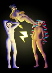 all_female black_hair black_lemonade_cookie blue_hair breasts cursedaryn female female_only female_pubic_hair grey_hair lighting lightning lightning_bolt no_bra no_panties no_underwear normal_breasts nude nude_female pubic_hair render rendered shaded stormbringer_cookie twizzly_gummy_cookie