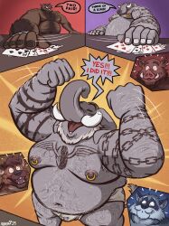 2025 3_panel_comic 5_fingers alfonso_(nanoff) anthro arm_hair arm_tattoo armpit_hair artist_name beard belly big_ears body_hair briefs briefs_only broken_tusk brown_beard brown_body brown_facial_hair brown_fur card chain_tattoo chest_tattoo clothed clothing colored comic dated dialogue digital_media_(artwork) elephant elephantid english_description english_text excited facial_hair fingers fur furniture grey_body grey_skin group happy hi_res holes_in_underwear horacio_(nanoff) hyena male male_anthro mammal manly mature_anthro mature_male moobs mostly_nude_anthro mostly_nude_male motion_lines musclegut muscular muscular_anthro muscular_male nanoff navel nipple_piercing nipple_ring nipples open_mouth overweight overweight_anthro overweight_male piercing playing_card pointy_speech_bubble poker proboscidean proboscis_(anatomy) procyonid raccoon reaction_shot ring_piercing shaded speech_bubble suarez_(nanoff) suid suine surprised_face sus_(pig) table tail tattoo text three_of_a_kind_(poker_hand) topless trunk_(anatomy) tusks two_pair_(poker_hand) underwear underwear_only victory walter_rossi_(nanoff) white_beard white_body white_facial_hair white_fur wild_boar