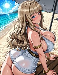 1girls ^^^ ai_generated arched_back arm_support armlet ass back bangle bangs bare_shoulders beach beach_umbrella blonde_hair blue_eyes blue_sky blunt_bangs blush bracelet breasts cleavage closed_mouth clothing cloud collarbone curvy day dolphin_wave dress earrings female gold_bracelet gold_choker hair_intakes halter_dress halterneck hoop_earrings huge_ass huge_breasts jewelry jousneystudio kirahoshi_kanna large_breasts leaning_forward long_hair looking_at_viewer looking_back motion_lines neck_ring ocean outdoors parasol patreon_username pencil_dress sand shore short_dress sideboob sidelocks sky sleeveless sleeveless_dress solo sun thick_thighs thighs tight_clothes tight_dress turning_head twisted_torso umbrella underbutt water wavy_hair white_dress