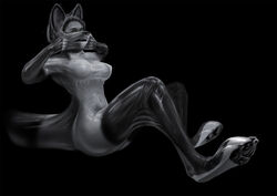 2016 anthro black_background breasts feline female greyscale hair latex_(artist) mammal monochrome rubber simple_background suit transformation