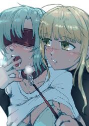 2girls blindfold blonde_hair blue_hair blush bra breasts clothed collar d4dj fingers_in_mouth fukushima_noa hanamaki_towa leash mingyun_13 open_mouth saliva sweat yellow_eyes yuri