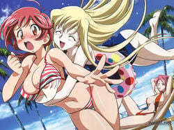 3girls antenna_hair aoi_anna aoi_kiriko armpits arms_behind_head ashtray barefoot beach bikini blonde_hair blush breast_grab breasts chair cigarette cleavage closed_eyes cloud groping hair_ornament hairclip happy hug hug_from_behind innertube jumping kimura_takahiro large_breasts leg_up lipstick long_hair lounge_chair lying makeup megami_magazine mira_ackerman mouth_hold multiple_girls official_art on_back one-piece_swimsuit one_eye_closed open_mouth orange_eyes pale_skin palm_tree red_hair scan shinkon_gattai_godannar!! short_hair sky sling_bikini smile smoking striped striped_bikini striped_swimsuit surprised surprised_arms swimsuit tree underboob wet yellow_eyes