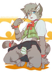 1boy 5_fingers anthro blue_eyes bow_tie bracelet bulge clothing collar crossdressing darkeshi eyewear feline fur glasses grey_fur jewelry kneeling looking_at_viewer male male_only mammal panties simple_background skirt solo underwear