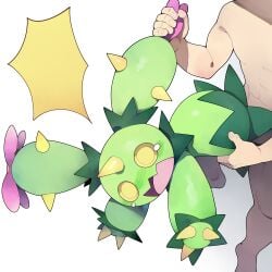 1boy absurdres blush commentary_request female highres male maractus open_mouth pokemon pokemon_(creature) pokemon_focus pokephilia simple_background straight white_background yellow_eyes youjo_modoki