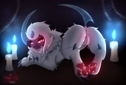 absol absurd_res anus ass astralia_(art) blue_fire candle chains claws colored_fire female feral fire forehead_gem fur furry gem generation_3_pokemon genitals hi_res humanoid_genitalia humanoid_genitalia_on_feral humanoid_vulva humanoid_vulva_on_feral looking_at_viewer lying nintendo on_front pawpads paws pokemon pokemon_(species) pussy quadruped rear_view red_eyes solo solo_focus tail vulva watermark white_body white_fur