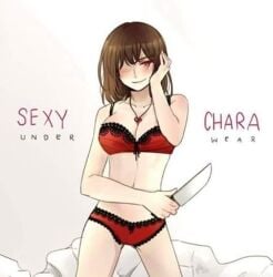 2016 artist_request bed_sheet breasts brown_hair chara chara_(undertale) english_text female heart_locket holding holding_knife holding_object knife lace lace_trim locket lost_media medium_breasts necklace pov pov_eye_contact red_eyes red_underwear simple_background source_request text undertale underwear unknown_artist white_background