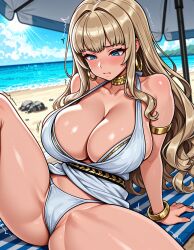 1girls ai_generated arm_support armlet bangs bare_shoulders beach beach_mat beach_towel beach_umbrella bikini blonde_hair blue_eyes blue_sky blush bracelet breasts cameltoe cleavage closed_mouth clothing cloud collarbone crotch day dolphin_wave dress dress_lift earrings female furrowed_brow gold_bracelet gold_choker gold_earrings hair_intakes halterneck hoop_earrings horizon huge_breasts jewelry jousneystudio kirahoshi_kanna knee_up large_breasts leaning_back long_hair looking_down neck_ring ocean outdoors panties parasol partially_visible_vulva rock sand shiny_skin sideboob sidelocks sitting skindentation sky sleeveless_dress solo spread_legs sun sunlight swimsuit tan thighs towel trembling umbrella underwear very_long_hair water wavy_hair white_bikini white_dress white_panties