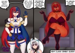2girls after_transformation alear_(fire_emblem) alear_(fire_emblem)_(female) alear_(fire_emblem)_(female)_(fell_child) aura bare_shoulders before_and_after before_transformation belt belt_around_neck big_lips bimbo bimbo_body bimbo_lips bimbofication bimbofied black_boots black_gloves black_hair black_short_shorts black_shorts blue_eye blue_gloves blue_hair blue_skirt boots breast_expansion breast_growth breast_growth_(enlargement) breasts breasts_bigger_than_head cleavage clothed clothed_female clothing collar corruption corset english english_text female female_only fire_emblem fire_emblem_engage full_lips gloves hair_ornament heeled_boots heterochromia hinata-hime huge_breasts light-skinned_female light_skin lipstick long_black_boots long_black_gloves long_gloves long_hair medium_breasts mind_control nintendo panties personality_change plump_lips post-transformation pre-transformation purple_eyes red_aura red_corset red_eye red_hair red_lips red_lipstick red_skin red_skinned_female ring ring_(jewelry) ring_on_finger shirt short_shorts shorts sitting sitting_on_throne skirt speech_bubble stockings text text_box text_bubble throne tiara transformation two-tone_hair veyle_(fire_emblem) voluptuous voluptuous_female white_gloves white_hair white_shirt white_stockings