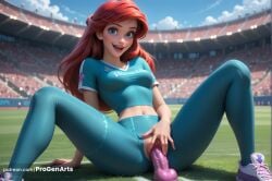 1girls ai_generated aqua_shirt ariel ariel_(the_little_mermaid) arm_support blue_eyes blue_pants blue_shirt breasts cloud crop_top cropped_shirt crowd day dildo dildo_in_pussy dildo_insertion dildo_riding disney disney_princess exhibitionism female female_masturbation freckles grass hi_res lips long_hair looking_at_viewer m_legs masturbation medium_breasts midriff navel nose object_insertion open_mouth outdoors pants progenarts public_indecency pussy red_hair sex_toy shirt shoes short_sleeves sitting sky smile sneakers solo spread_legs spread_pussy stadium the_little_mermaid the_little_mermaid_(1989_film) tight_clothes uncensored vaginal_insertion vaginal_masturbation vaginal_object_insertion vaginal_penetration watermark web_address
