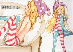 1girls absurdres american_flag american_flag_legwear american_flag_shirt blonde_hair blush closed_eyes clownpiece couch fairy fairy_wings female female_focus female_only hat highres huge_filesize jester_cap ke-ta long_hair masturbation nipples open_mouth pantyhose red_eyes solo team_shanghai_alice text torn_clothes torn_pantyhose touhou translation_request very_long_hair wings winking