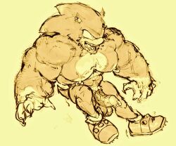 anthro balls bara big_balls big_pecs big_penis furry male male_only monochrome muscles muscular nipple_rings nude penis penis_piercing shoes shoes_only solo solo_male sonic_(series) sonic_the_hedgehog sonic_the_werehog tora_gy werehog yellow_theme