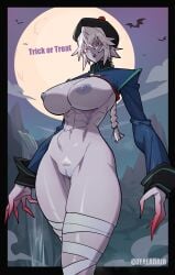 1girls alternate_version alternate_version_available bat bats big_breasts braided_ponytail breasts carpet_matching_drapes chinese_clothes chinese_mythology dalen_(zealadair) female female_pubic_hair functionally_nude halloween hat jiangshi looking_at_viewer moon night pale_skin pubic_hair pussy red_eyes sharp_fingernails tall_female white_hair zealadair zombie zombie_girl