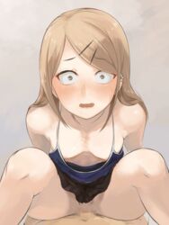 1boy black_eyes blonde_hair blush breasts brown_hair censored cowgirl_position dagashi_kashi down_blouse ear_piercing earring earrings endou_saya_(dagashi_kashi) female hair_clips hair_ornament hairclip jewelry mosaic_censoring nipples no_bra no_panties norupaa pov pussy sex skirt skirt_lift small_breasts vaginal_penetration