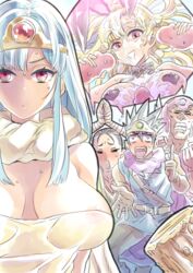 2girls 3boys animal_ears begging blonde_hair blue_hair bowtie breasts bunny_ears cape circlet clothing cum cum_on_body cum_on_breasts cum_on_hair cum_on_upper_body detached_collar double_handjob dragon_quest dragon_quest_iii dress erection erection_under_clothes facial fighter_(dq3) grin hair handjob headgear heart_pasties helmet hero_(dq3) jester_(dq3) large_breasts long_hair mimonel multiple_boys multiple_girls nipple_pasties pasties penis red_eyes roto sage_(dq3) smile soldier_(dq3)