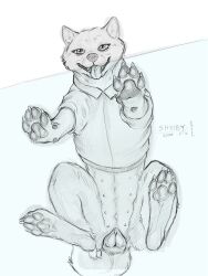 2024 3:4 against_surface animal_genitalia animal_pussy animal_vulva canid canine canine_genitalia canine_pussy canine_vulva cheek_tuft clothed clothed_feral clothing dated facial_tuft fangs female female_feral feral genitals glistening glistening_eyes hi_res mammal monochrome open_mouth pawpads pussy signature sketchy_shelby solo teeth tongue tongue_out tuft
