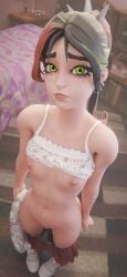 bedroom bra bra_lift bra_up breasts clothes_lift exposed_breasts female female_torso flat_chest fortnite helsie_(fortnite) holding_shirt imminent_sex looking_at_viewer looking_up mostly_nude nervous panties_down pussy pussy_peek running_mascara skirt skirt_down small_breasts smaller_female stomach tiny_female tiny_waist tm04 tummy undressed