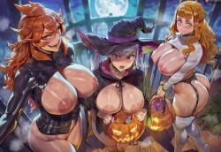 3girls ai_assisted ai_generated ass black_clover breastless_clothes breastless_clothing breastless_shirt breasts breasts_out female functionally_nude functionally_nude_female garter_belt garter_straps halloween halloween_costume large_breasts latex latex_suit mereoleona_vermillion mimosa_vermillion mother_and_daughter noelle_silva revealing_clothes shexyo thighhighs useless_clothes white_legwear white_thighhighs