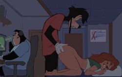 1girls 2boys amugea animal_ears barefoot bed black_hair blush book bra brown_hair cat_boy chair dog_boy dog_ears dog_girl doggy_style door fat_male fat_man female furry furry_female furry_male furry_with_furry gaming_chair goof_troop headphones highres indoors long_hair male max_goof mickey_mouse_&_friends multiple_boys multiple_males open_mouth peter_pete_jr. playing_games roxanne_(a_goofy_movie) roxanne_(goof_troop) sex sex_from_behind shirt shorts standing standing_sex straight sweat swivel_chair teeth underwear white_bra
