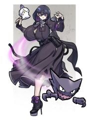 @_@ absurdres belted black_eyes black_hair blush boots breasts corset dress female gen_1_pokemon gen_5_pokemon ghost ghost_(pokemon) haunter hex_maniac hex_maniac_(pokemon_legends:_z-a) high_heel_boots high_heels highres hitomoshi huge_breasts jewelry large_breasts litwick long_hair long_sleeves mature_female mold_(pixiv6616319) nail_polish nintendo open_mouth pokemon pokemon_(species) pokemon_legends:_z-a puffy_sleeves purple_nails purple_ribbon ribbon standing