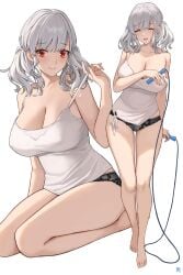 1girls barefoot big_breasts breasts camisole cleavage closed_eyes closed_mouth covered_nipples covering_breasts feet female female_only full_body girls'_frontline grey_hair hand_up holding_object jump_rope lace lace_panties large_breasts looking_at_viewer nipples official_artist open_mouth panties red_eyes single_off_shoulder smile spas-12_(girls'_frontline) terras toes twintails underwear