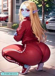 ai_art ai_generated big_ass blonde_female blonde_hair blue_skin caked_up caption dialogue elf_female female goldstar_girl gopnik huge_ass pantylines phizben sneakers squatting story track_suit twitch twitch_streamer word_balloon