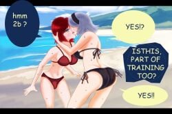 2girls android bikini crossover eastern_and_western_character female grey_hair himawar1 nier:_automata red_hair ruby_rose rwby yorha_2b yuri