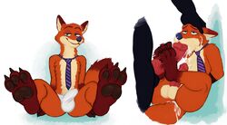 anthro balls bulge canine cum disney fellatio foot_fetish footjob fox gay hicanyoumooforme hindpaw humanoid_penis male male_only mammal necktie nick_wilde oral paws penis sex underwear white_underwear yaoi zootopia