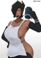 apron apron_only artist_name bella bottomless bracelets brown_hair completely_nude completely_nude_female dark-skinned_female defal_hady_(artist) detached_sleeves fingerless_gloves gold_bracelet hair_over_one_eye mature_female medium_breasts mug no_bra no_panties nude nude_female oc original original_character stockings thick_thighs twintails watermark yellow_eyes