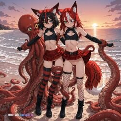 1440p 1girl 8k ai_assisted ai_generated beach black_boots black_crop_top black_fingerless_gloves black_hair blue_eye cinematic cleavage_cutout elbow_gloves exposed_shoulders flat_chest fox_ears fox_tail freckles green_eye hair_between_eyes heterochromia midriff mismatched_thighhighs multicolored_hair multicolored_tail navel nipples nude red_hair skinny slim_body small struggling sunset tentacles tight_pussy uhd worried young youthful