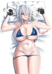1girl absurdres armpits arms_up bed_sheet bikini blue_bikini breasts cheeseechhi collarbone earrings english_commentary grey_hair hair_over_one_eye hand_fan highres holding holding_fan jewelry large_breasts long_hair looking_at_viewer lying mole mole_under_mouth navel on_back on_bed pointy_ears purple_eyes smile solo swimsuit velina_airgid zenless_zone_zero