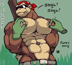 1boy 2d 2d_(artwork) abs anthro ape arms_behind_back arms_tied bandana belt biceps big_nipples big_pecs bondage bound brown_body brown_fur dead_source digital_media_(artwork) disembodied_hands donkey_kong_(series) english_text erect_nipples eyewear funky_kong fur gorilla grass green_background haplorhine kerchief male male_only mammal muscles muscular muscular_anthro muscular_arms muscular_male navel nintendo nipple_fetish nipple_focus nipple_pinch nipple_play nipples pecs pinch primate rope_bondage ropes shirtless shirtless_male solo sunglasses tall_grass tan_fur tan_nipples text topless topless_male two-tone_body two-tone_fur verb0ten