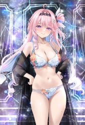 1girls breasts breasts_out denia_(wuthering_waves) exposed_breasts female lingerie long_hair medium_breasts pink_hair purple_eyes see-through_clothing white_lingerie wuthering_waves